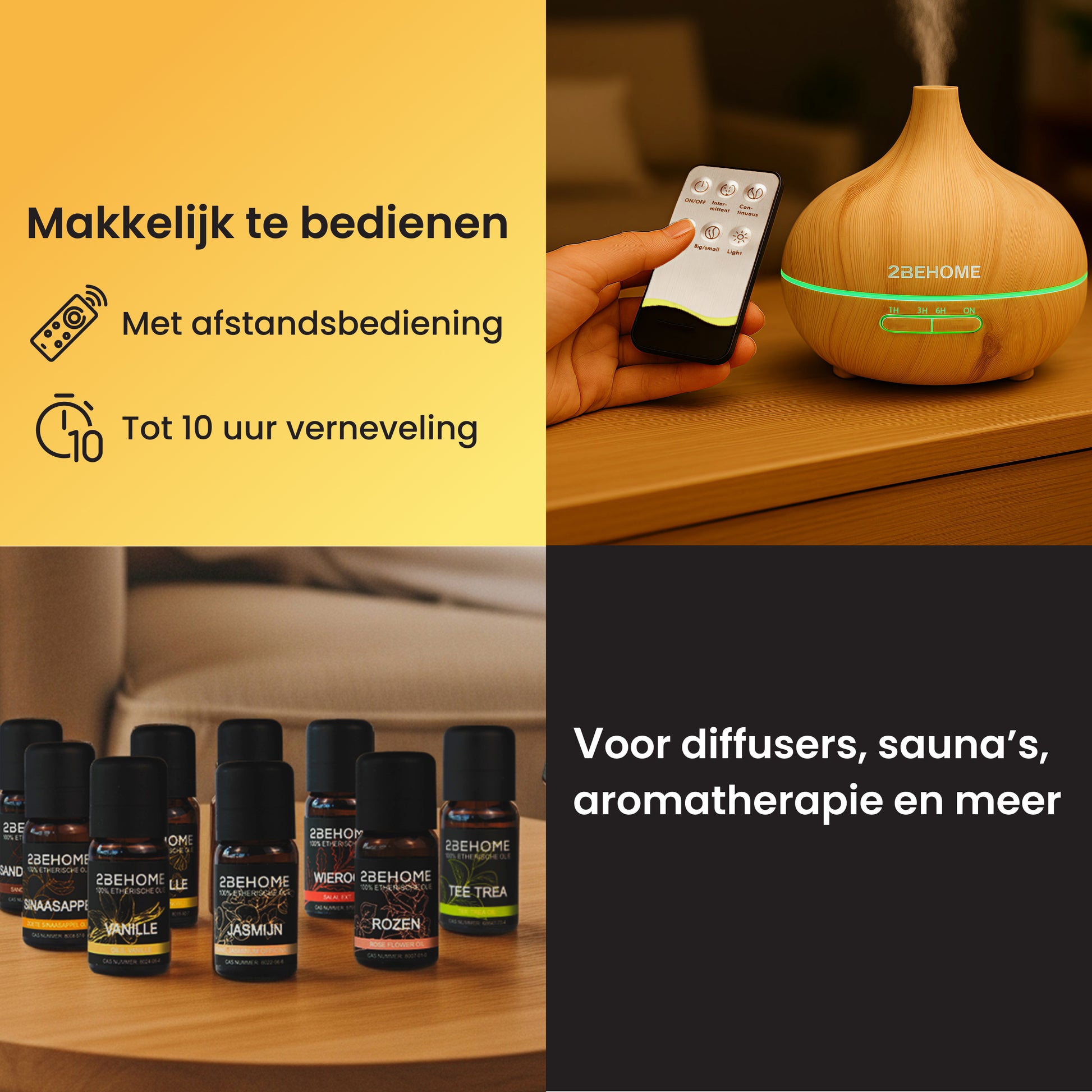 Diffuser makkelijk te bedienen met afstandsbediening en olieflesjes voor diffusers, sauna's, aromatherapie en meer. 