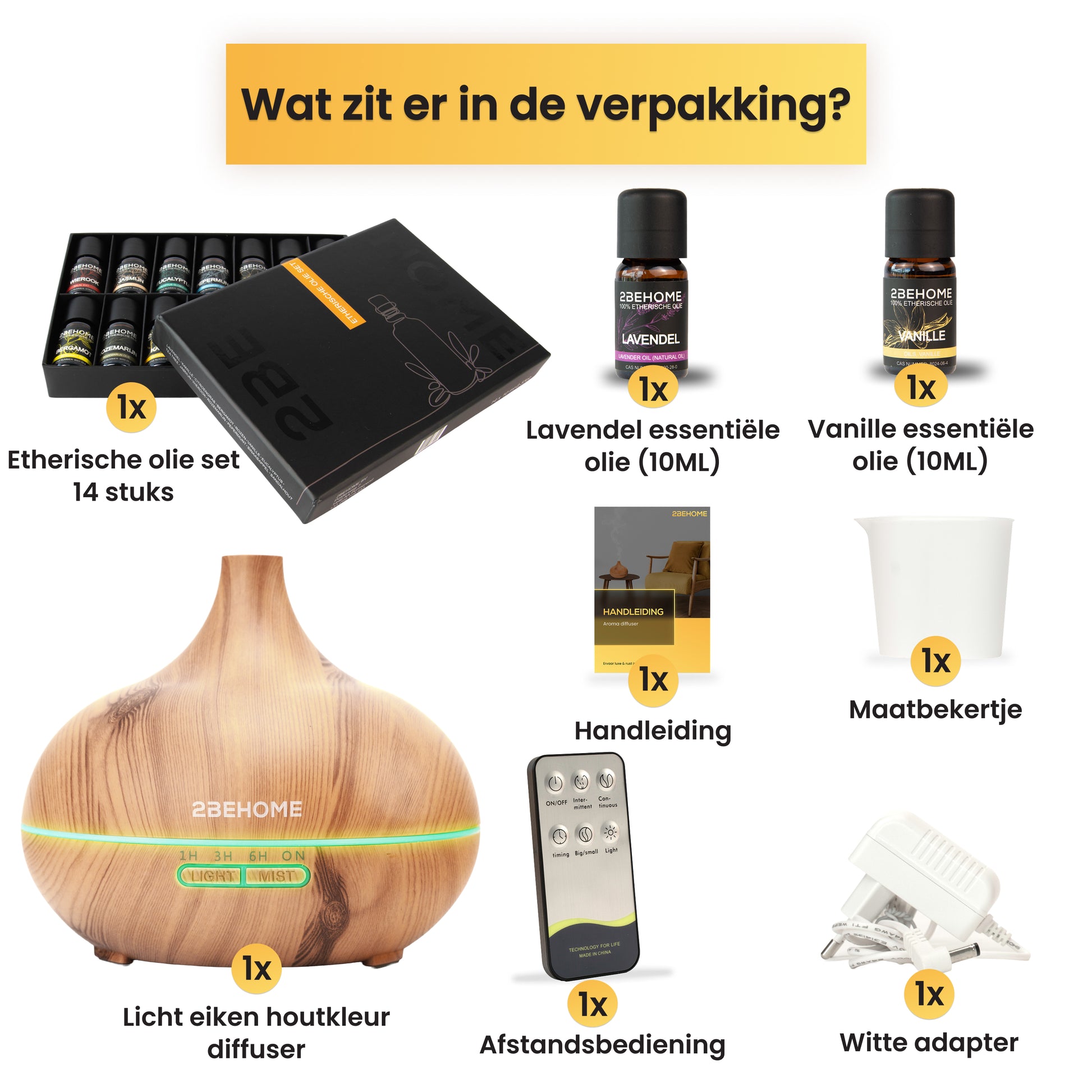 Inhoud verpakking aroma diffuser met etherische oliën set en accessoires