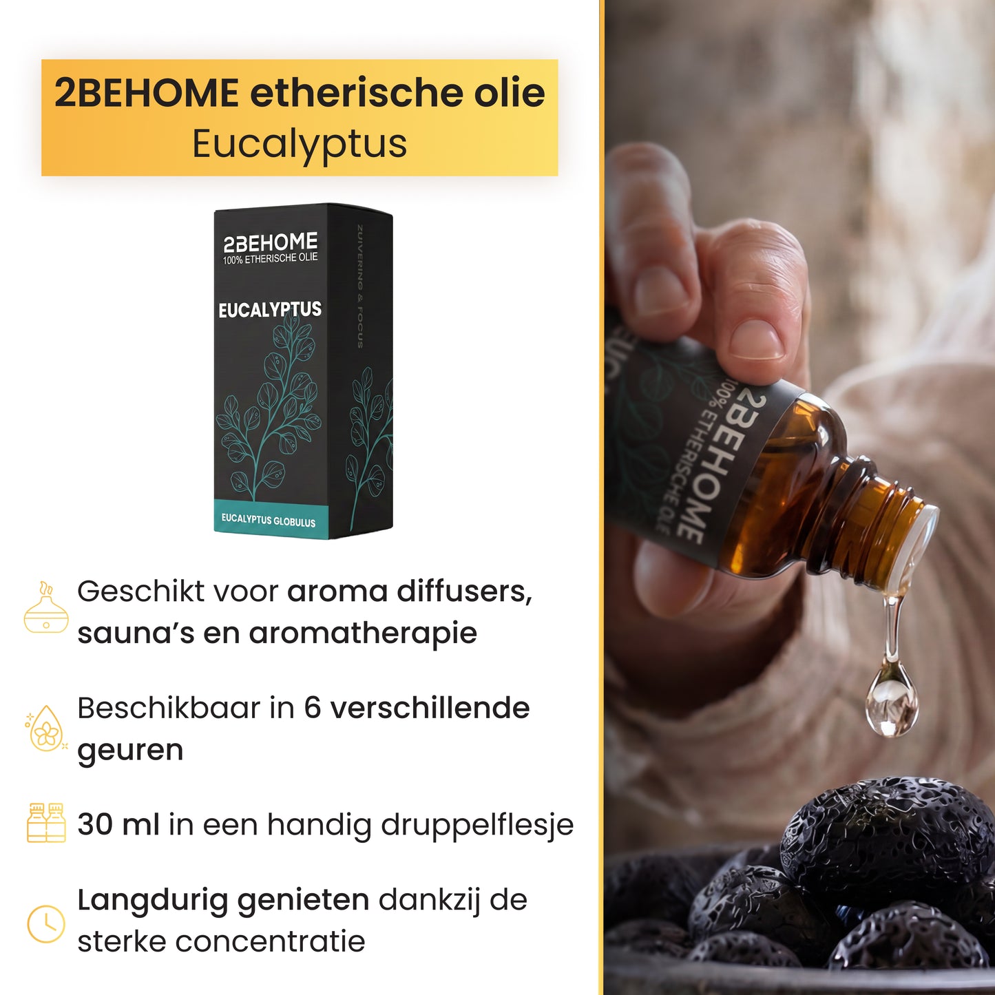 2BEHOME Etherische Olie Eucalyptus - 30 ML - 1 Stuk - Essentiële olie voor Aromatherapie