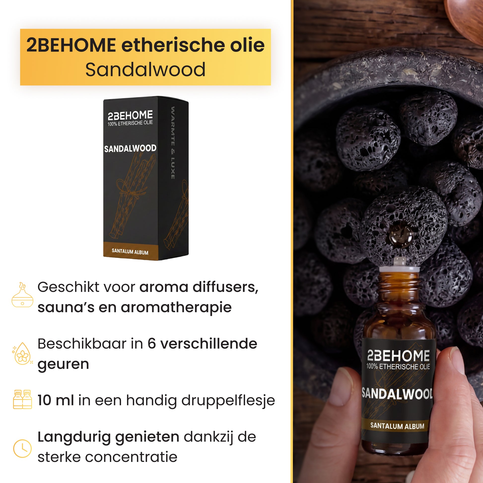 2BEHOME Etherische Olie Sandalwood - 10 ML - 1 Stuk - Essentiële olie voor Aromatherapie