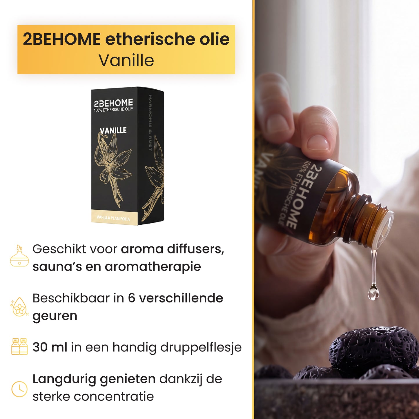 2BEHOME Etherische Olie Vanille - 30 ML - 1 Stuk - Essentiële olie voor Aromatherapie