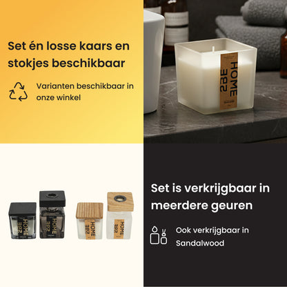 Afbeelding van 2BEHOME geurkaars en geurstokjes met tekst dat set en losse varianten beschikbaar zijn.