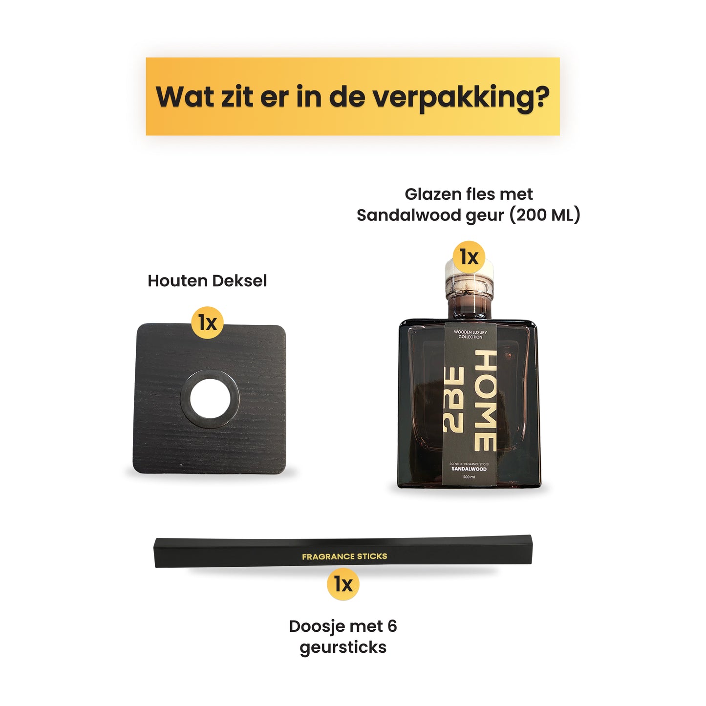 geurstokjes zwarte fles met houten deksel en los doosje met geursticks en een mooie verpakking