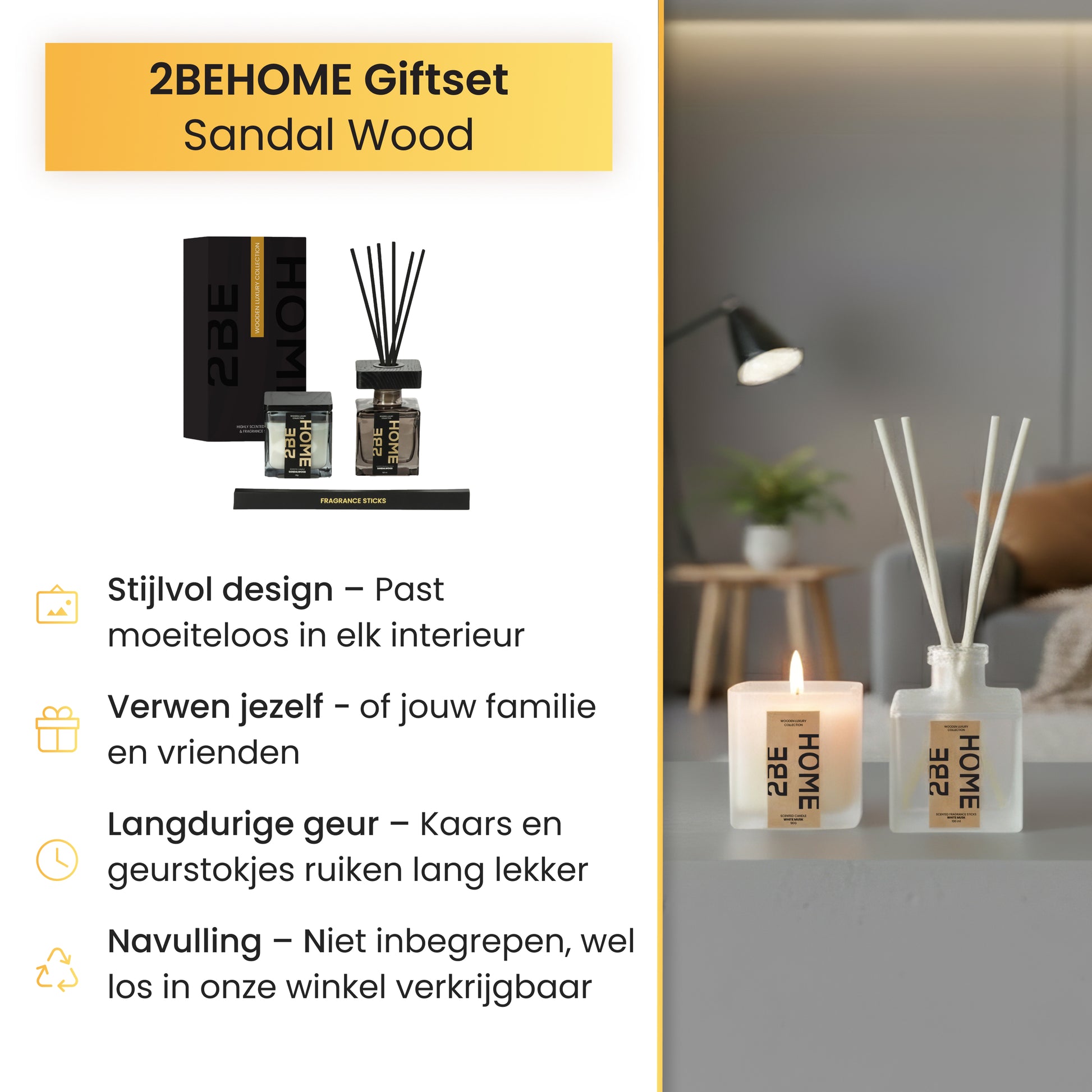 Presentatie van de 2BEHOME Sandalwood giftset met opsomming van kenmerken zoals stijlvol design, langdurige geur en navullingen.