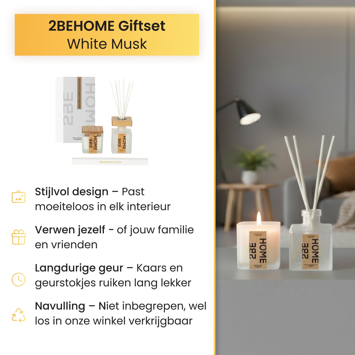 Presentatie van de White Musk giftset met opsomming van ontwerp-, geur- en navulvoordelen.