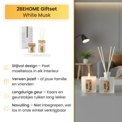 Presentatie van de White Musk giftset met opsomming van ontwerp-, geur- en navulvoordelen.