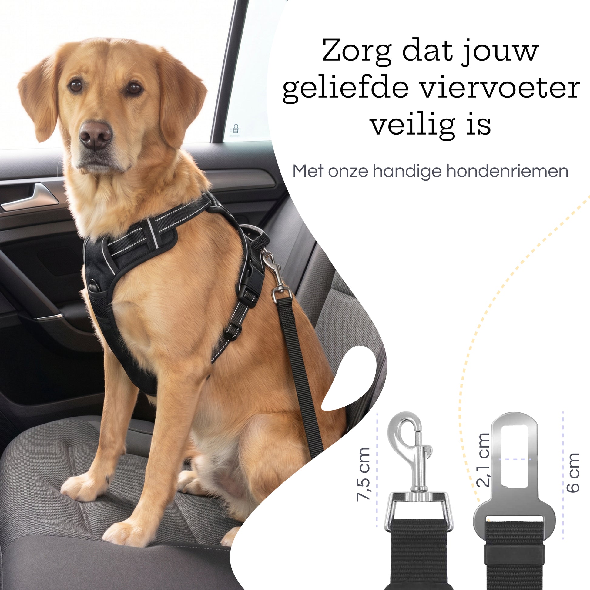 Hond in auto met zwarte hondengordels en teksten “makkelijk te bevestigen” en “extra veiligheid”.
