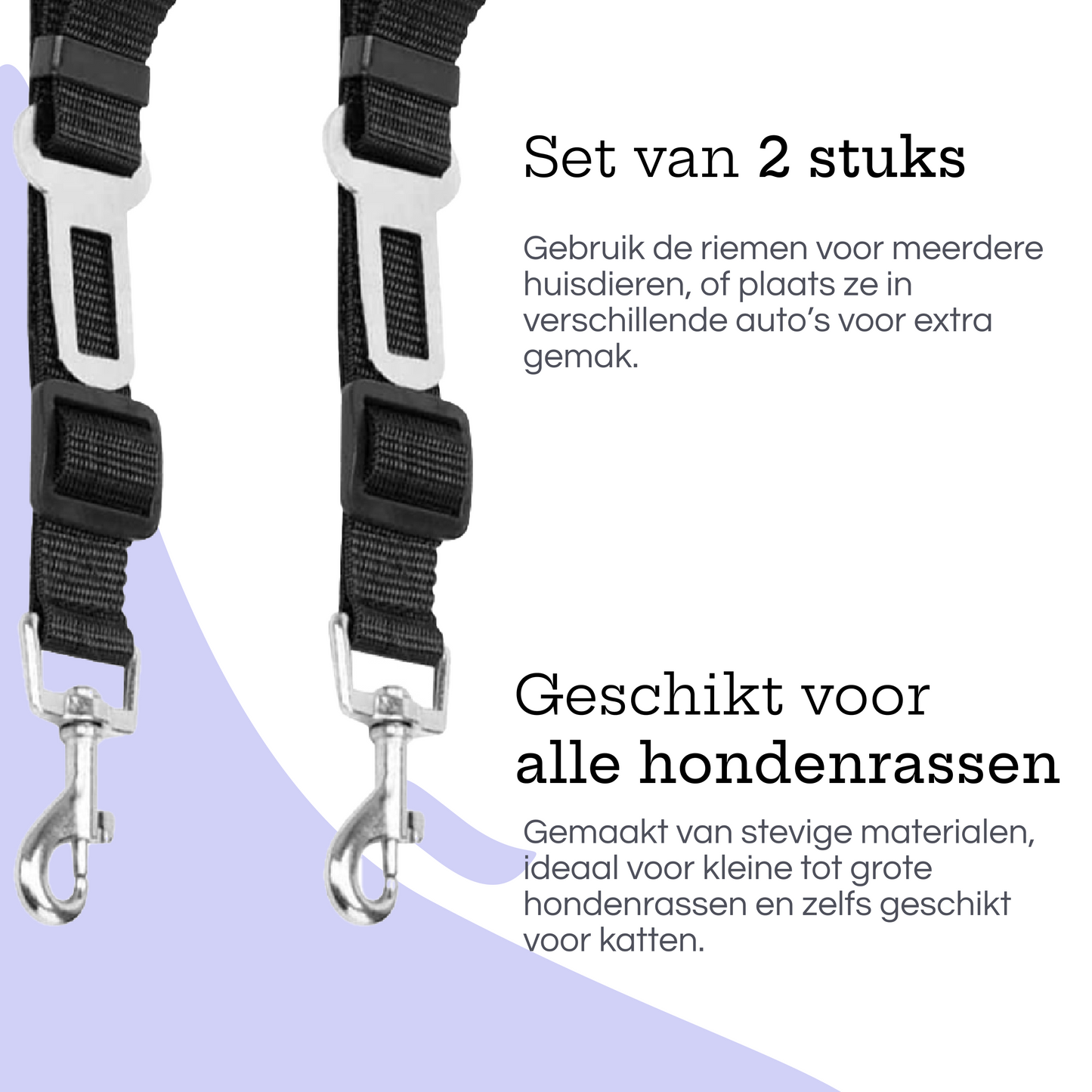 Zwarte hondengordels (2 stuks), geschikt voor alle hondenrassen en ook voor katten, ideaal voor gebruik in verschillende auto’s of voor meerdere huisdieren.
