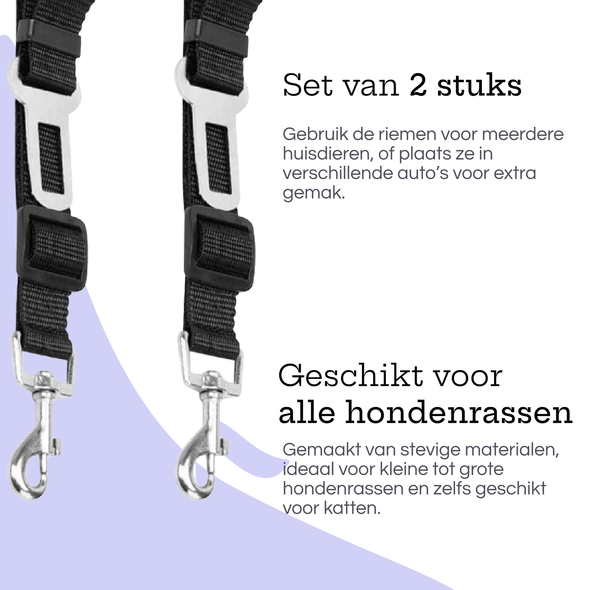 Zwarte hondengordels (2 stuks), geschikt voor alle hondenrassen en ook voor katten, ideaal voor gebruik in verschillende auto’s of voor meerdere huisdieren.
