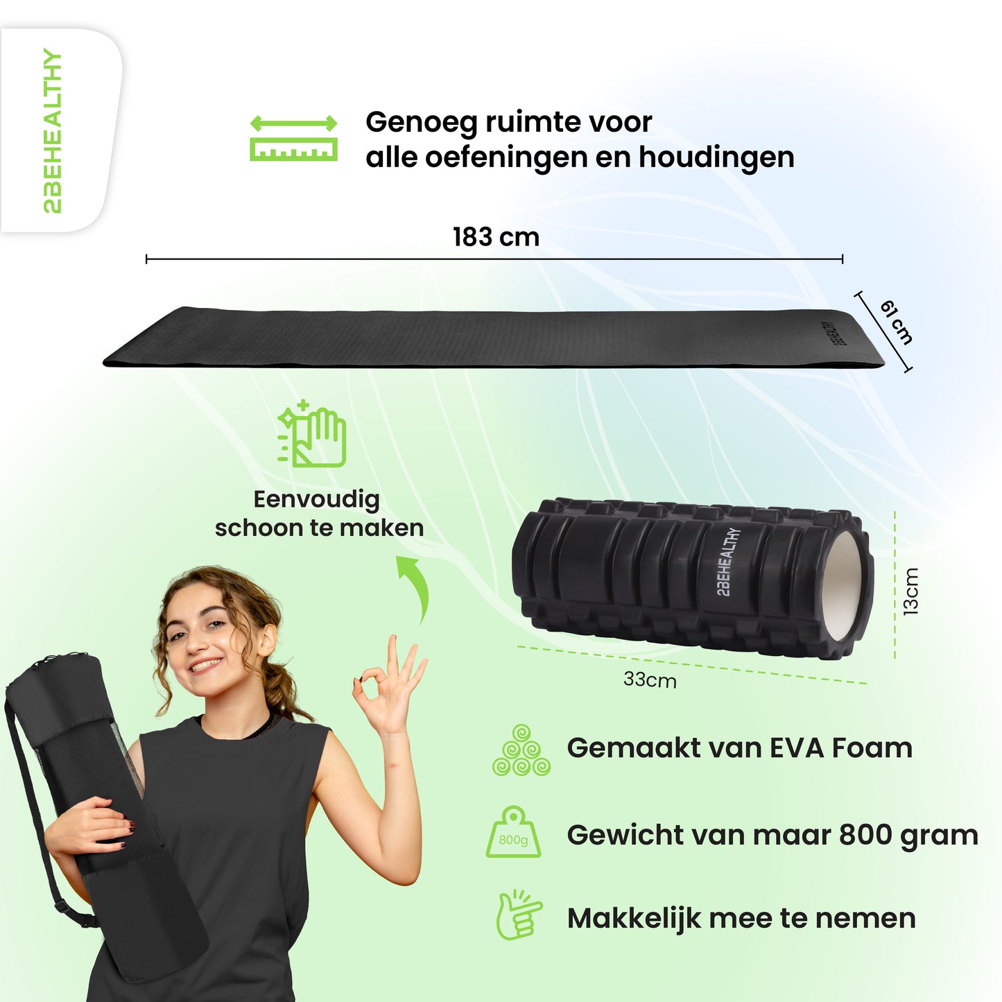 2BEHEALTHY® Yoga Mat extra dik & Foam Roller Combinatie set