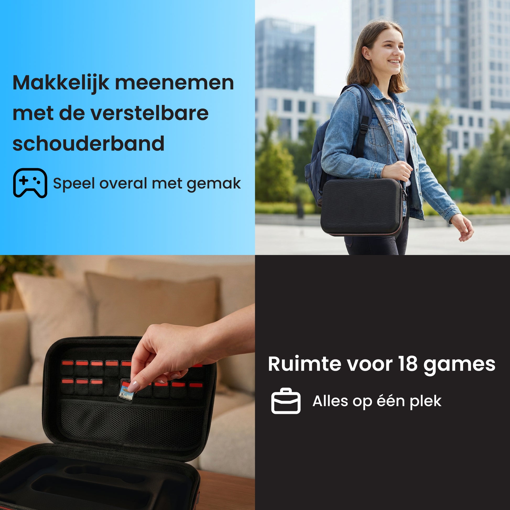 Nintendo Switch 2 groot hoesje met verstelbare schouderband en ruimte voor 18 games