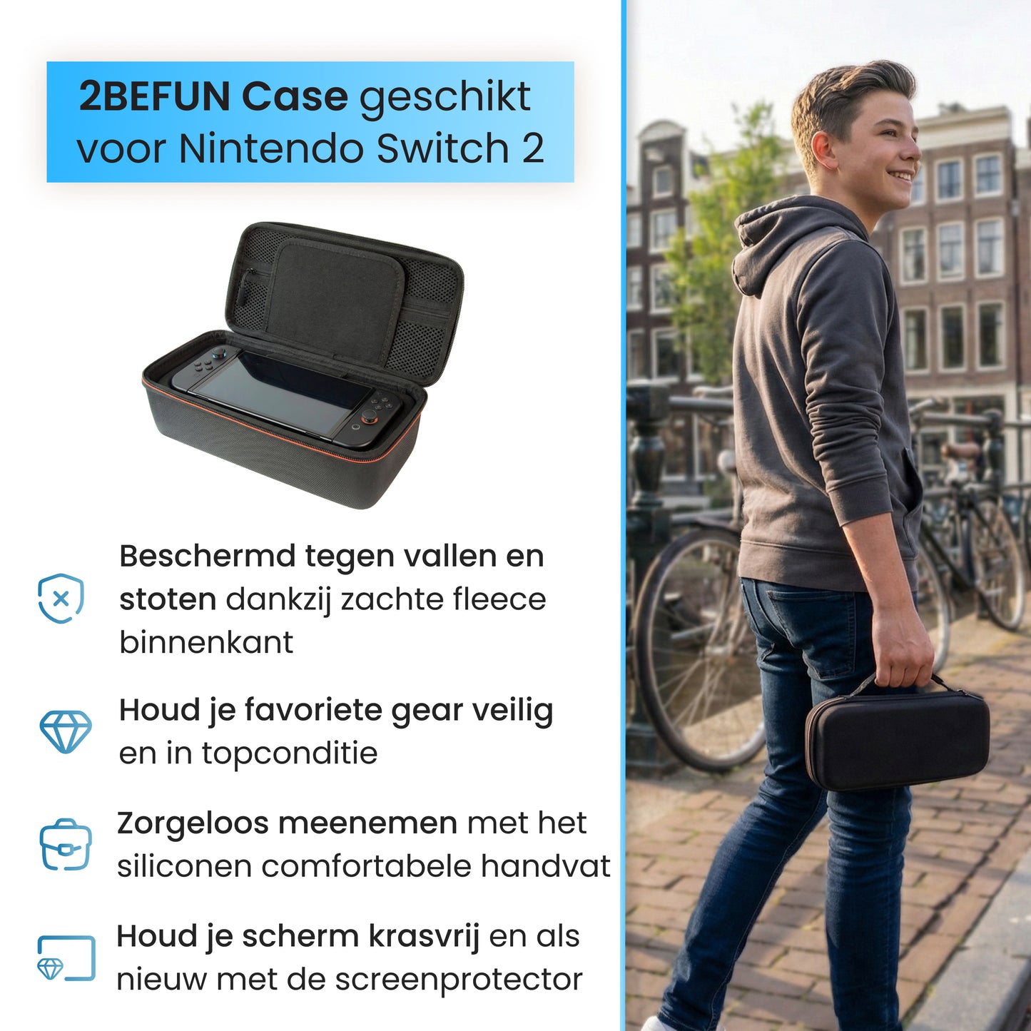 Nintendo Switch 2 hoes details met zachte fleece binnenkant, stevig handvat en screenprotector voor extra bescherming