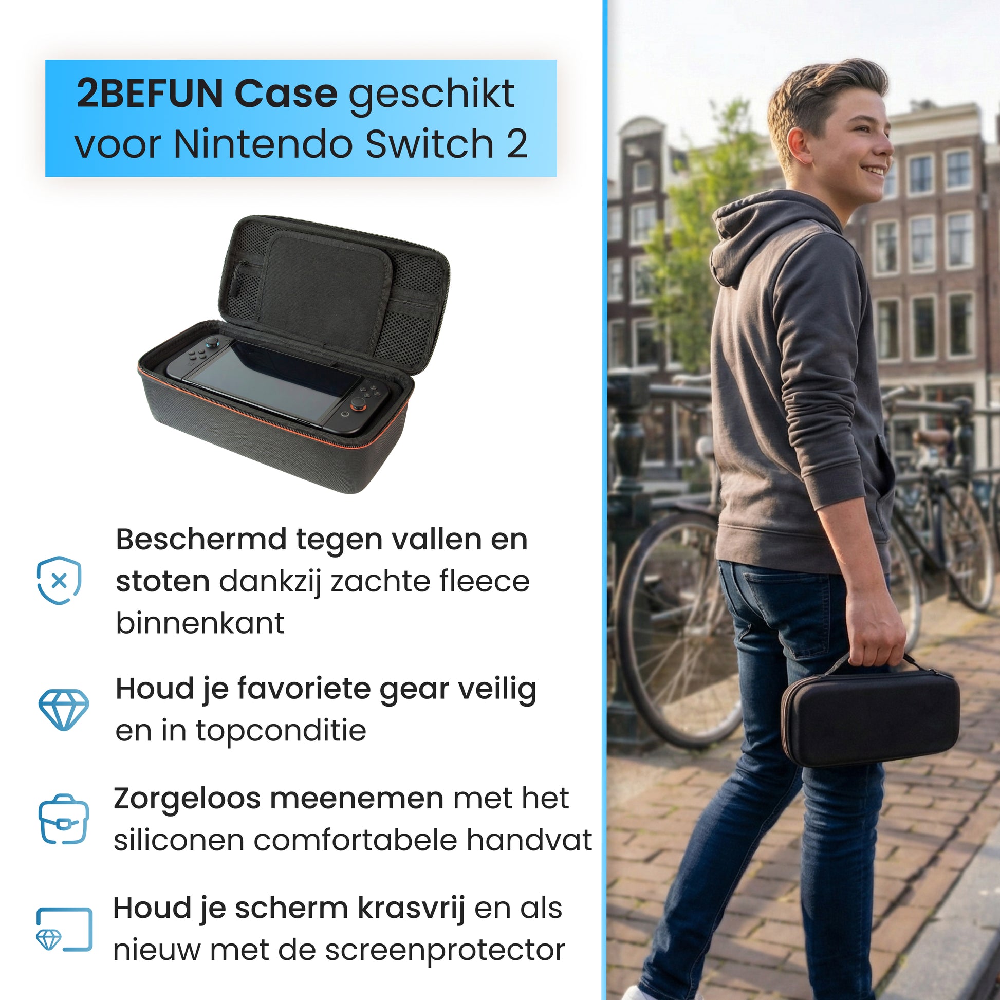 Nintendo Switch 2 hoes details met zachte fleece binnenkant, stevig handvat en screenprotector voor extra bescherming