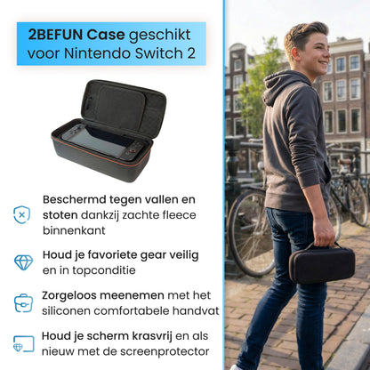 Nintendo Switch 2 hoes details met zachte fleece binnenkant, stevig handvat en screenprotector voor extra bescherming