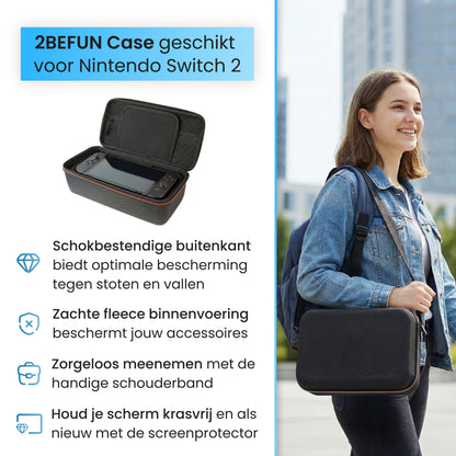 Nintendo Switch 2 hoes groot details met schokbestendige buitenkant en verstelbare schouderband
