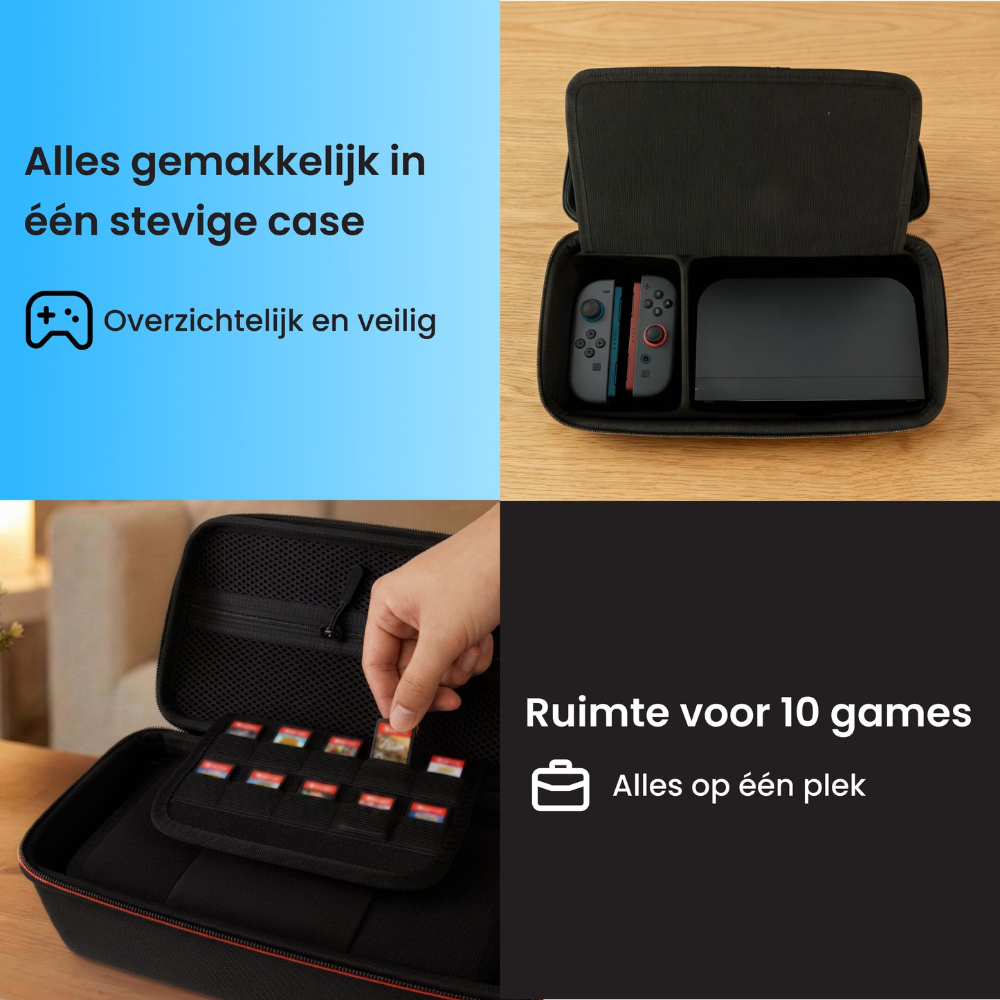 Nintendo Switch 2 hoesje met ruimte voor console, accessoires en 10 games in één stevige opbergcase