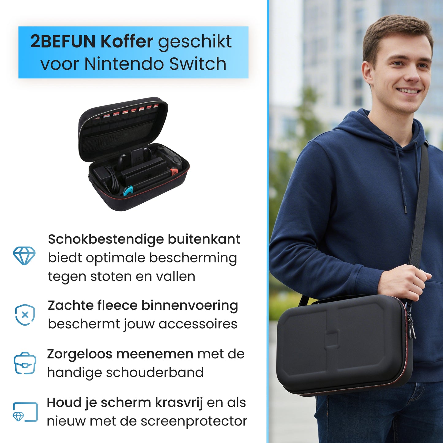 Nintendo Switch hoes groot met schouderband, schokbestendige buitenkant en zachte fleece binnenvoering