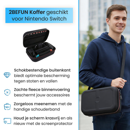 Nintendo Switch hoes groot met schouderband, schokbestendige buitenkant en zachte fleece binnenvoering