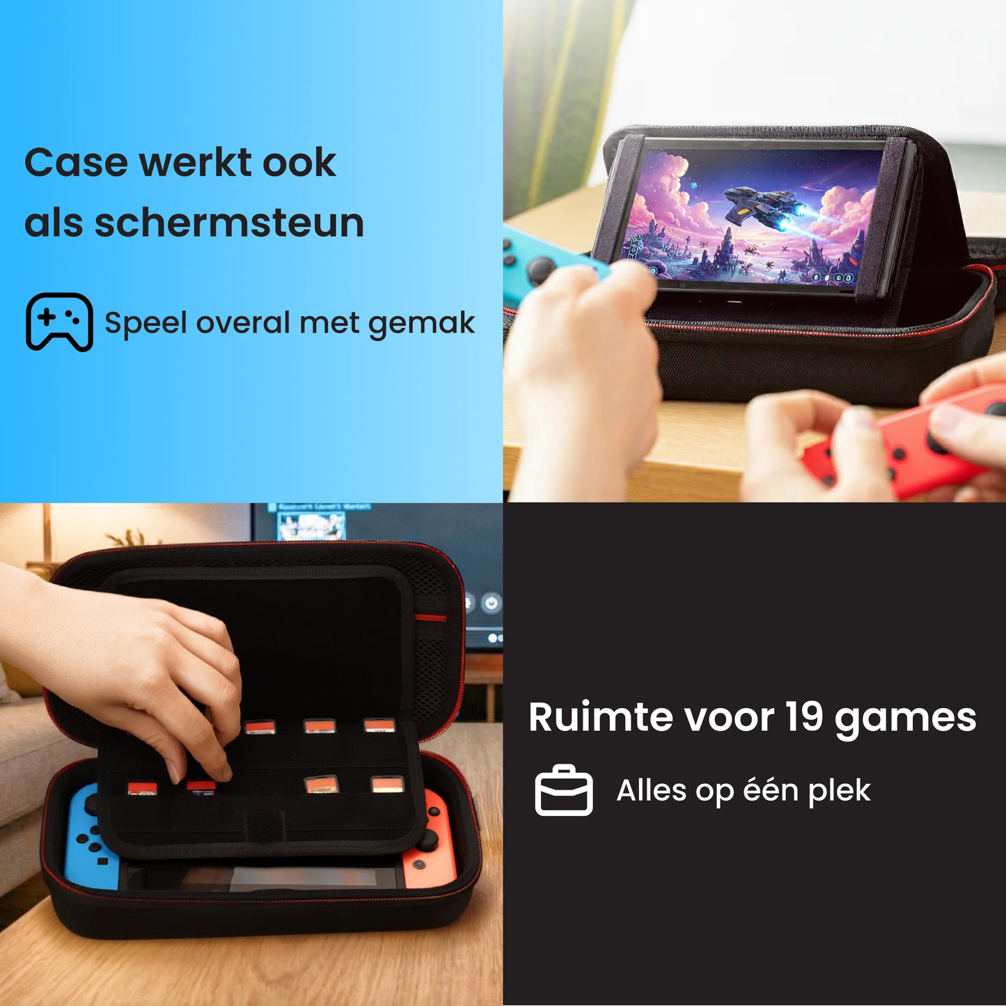 Nintendo Switch hoesje met standaard functie en ruimte voor 19 games, stevige beschermhoes voor Nintendo Switch met opbergvakken voor spelletjes