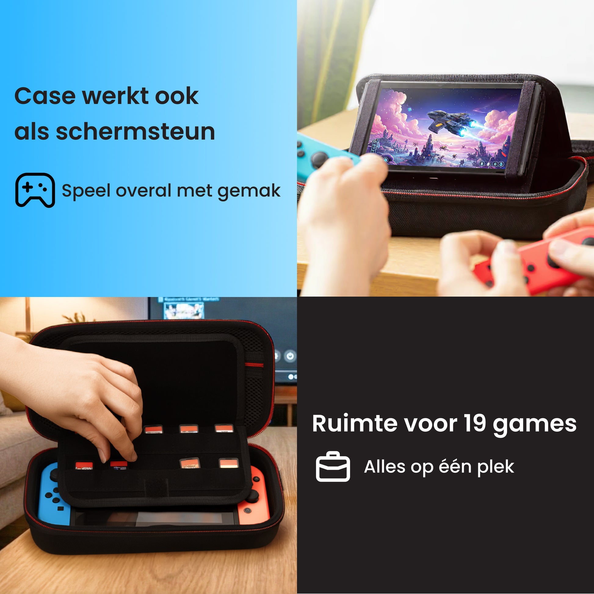 Nintendo Switch hoesje met standaard functie en ruimte voor 19 games, stevige beschermhoes voor Nintendo Switch met opbergvakken voor spelletjes