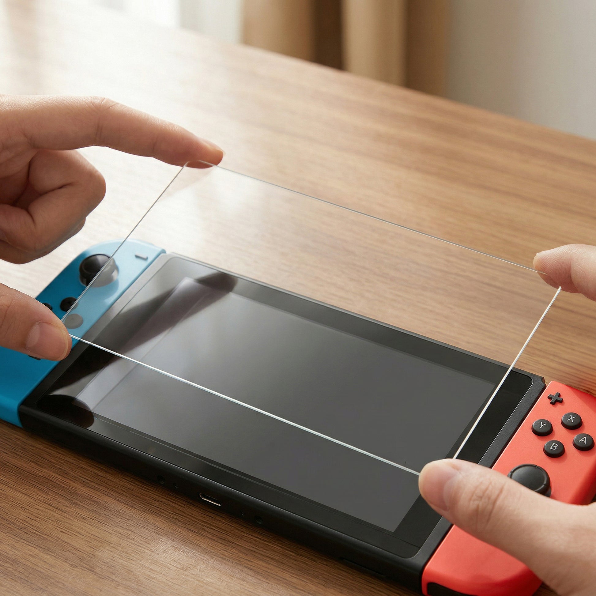 Screenprotector Nintendo Switch OLED van gehard glas wordt geplaatst op scherm