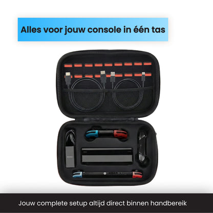 Switch OLED beschermhoes groot met ruimte voor console accessoires en game kaartjes overzichtelijk opgeborgen in harde case