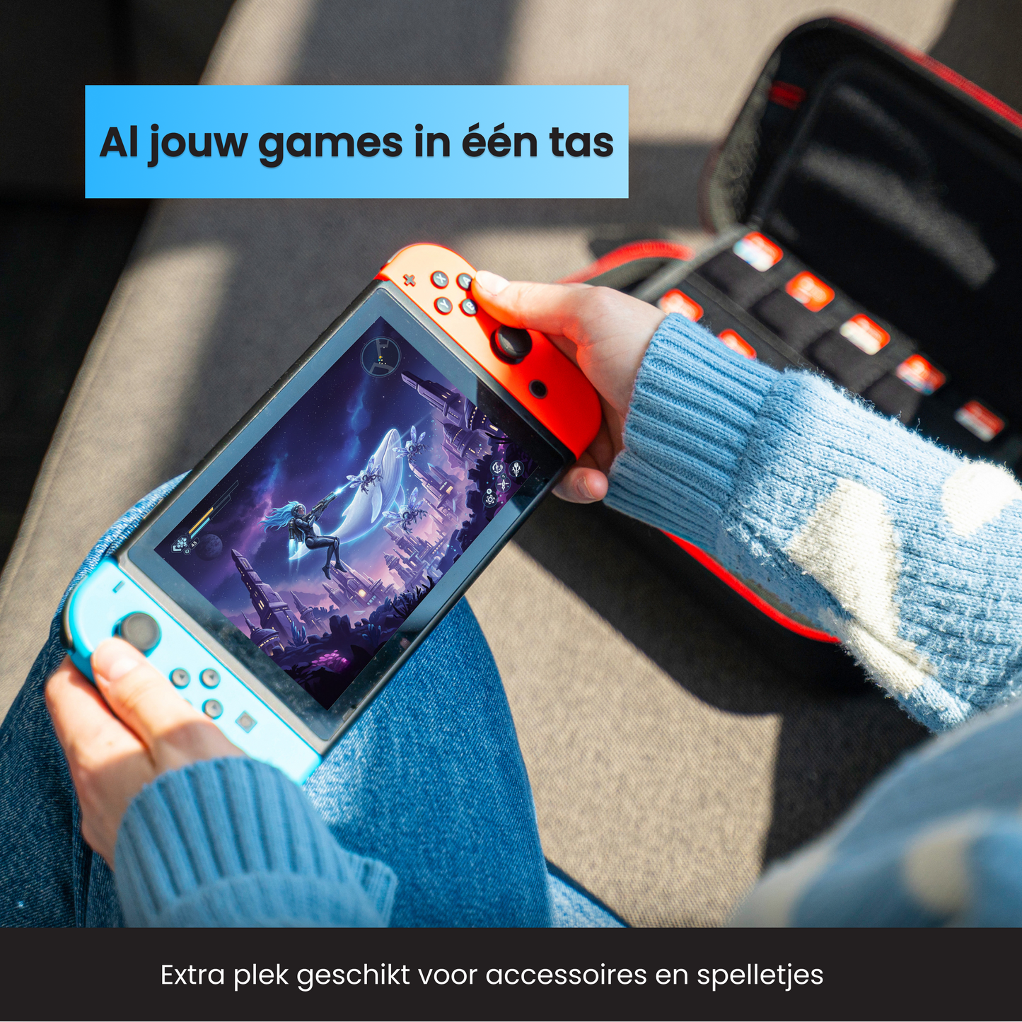 Switch beschermhoes met opbergruimte voor games en accessoires, stevige Nintendo Switch hoes met extra vakken voor spelletjes en kabels