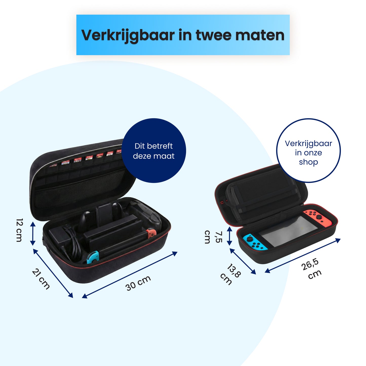 Nintendo Switch case groot en standaard met afmetingen 30 x 21 x 12 cm en 26,5 x 13,8 x 7,5 cm